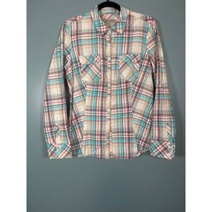 Guess Women's Multicolor Plaid Button Down Roll up Long Sleeve Shirt Size L